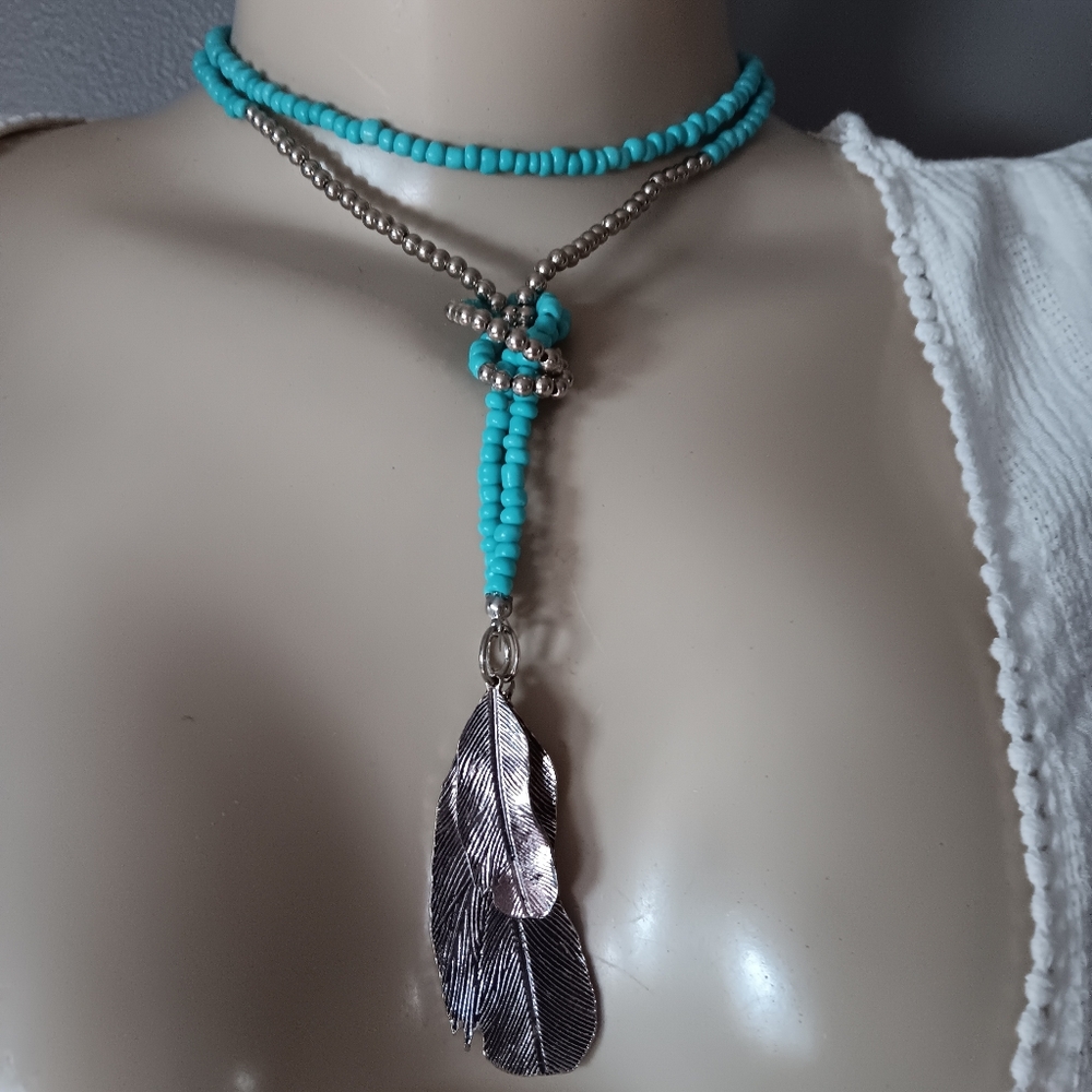 Silver and Turquoise Feather Pendant Necklace